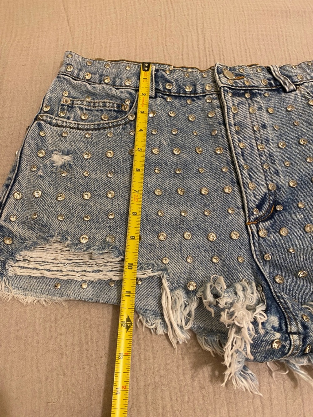 RETROFETE ANGEL EMBELLISHED DENIM SHORT Studded Distressed Denim - Blue. Size 28 - Picture 8 of 15